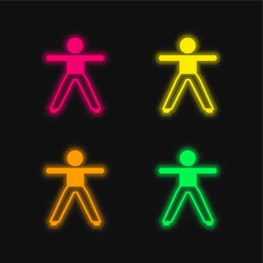 İki kolu ve bacağı geren çocuk dört renkli parlak neon vektör simgesi