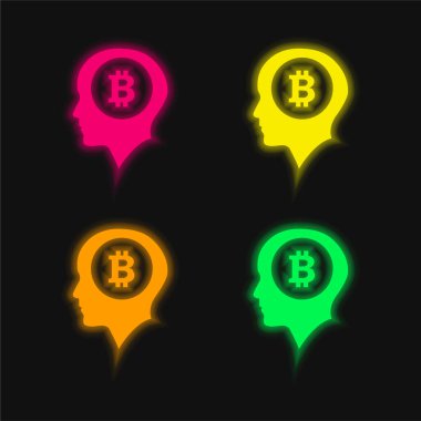 Başın İçindeki Bitcoin Sembolü 4 renkli neon vektör simgesi