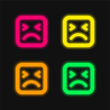 Angry Face Of Square Shape Outline four color glowing neon vector icon clipart