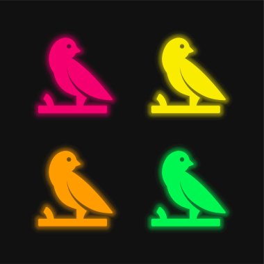 Bir şubedeki kuş dört renkli parlak neon vektör simgesi