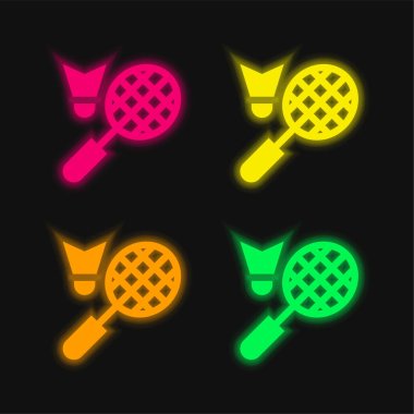Badminton four color glowing neon vector icon clipart