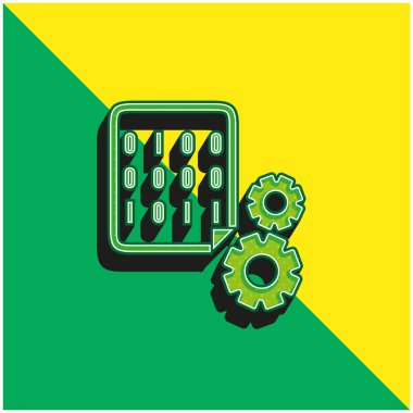 İkili Kodlar ve Çarklar Yeşil ve Sarı 3D vektör simgesi logosu