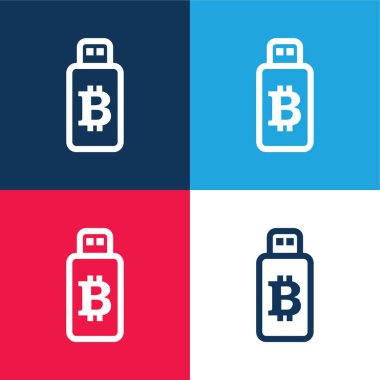 Usb Aygıtındaki Bitcoin İşareti mavi ve kırmızı dört renk minimal simgesi seti