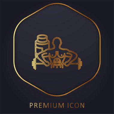 Dumbbell altın çizgili logo ya da simge taşıyan vücut geliştirici
