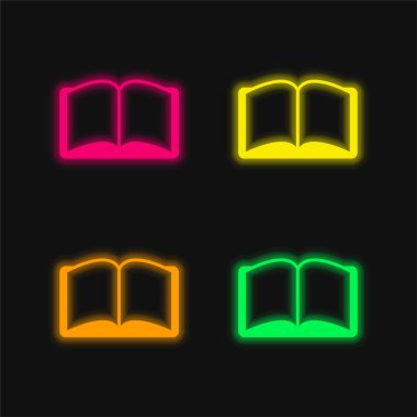 Book Opened Symmetrical Shape four color glowing neon vector icon clipart