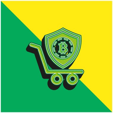 Bitcoin Güvenlik Alışveriş Kalkanı Sembolü Yeşil ve Sarı 3D vektör simgesi logosu