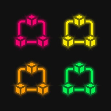 Blok zinciri dört renk parlak neon vektör simgesi