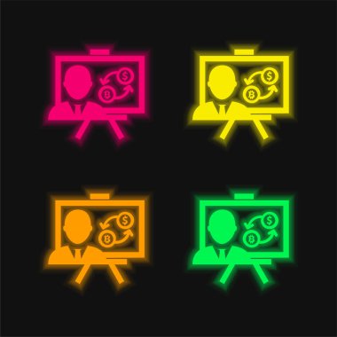 Bozukluklarla Bitcoin Sunumu ve Erkek İş Adamı Dört Renkli Parlak neon vektör simgesi