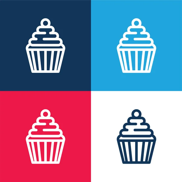 Big Cupcake Cherry Blue Red Four Color Minimal Icon Set — Stock Vector