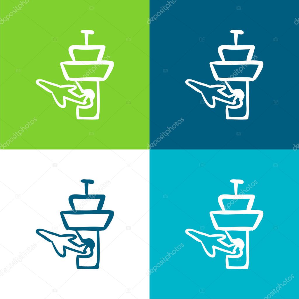 Airplane And Airport Tower Outlines Flat four color minimal icon set