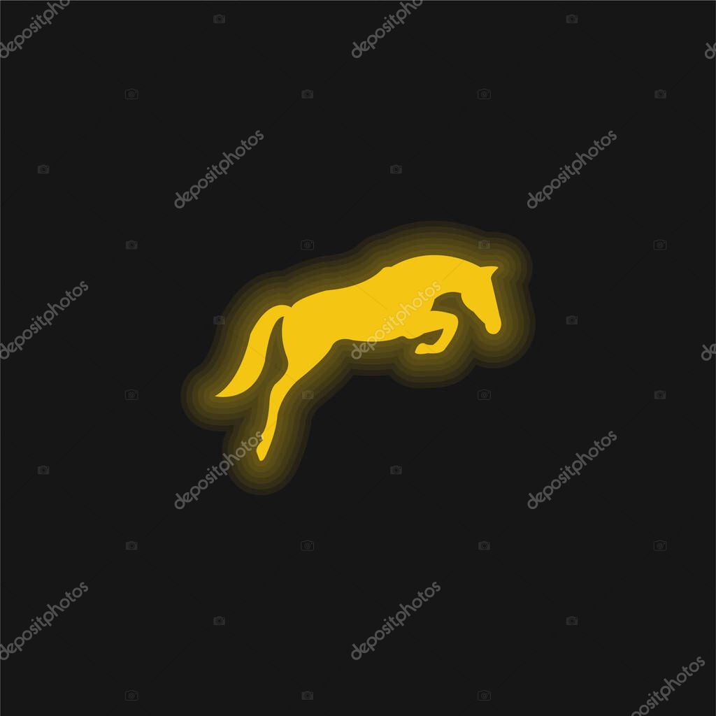 Black Jumping Horse With Face Looking To The Ground yellow glowing neon icon