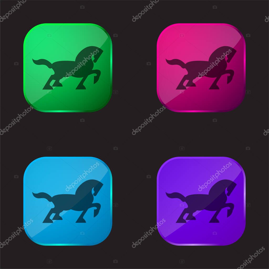 Big Black Horse Walking Side Silhouette With Tail And One Foot Up four color glass button icon