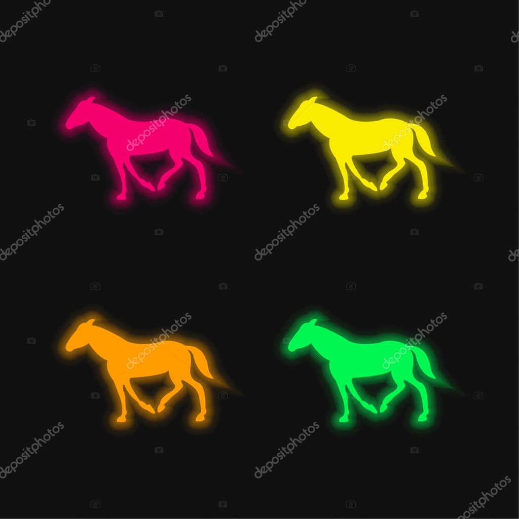 Black Walking Horse With Tail Down four color glowing neon vector icon