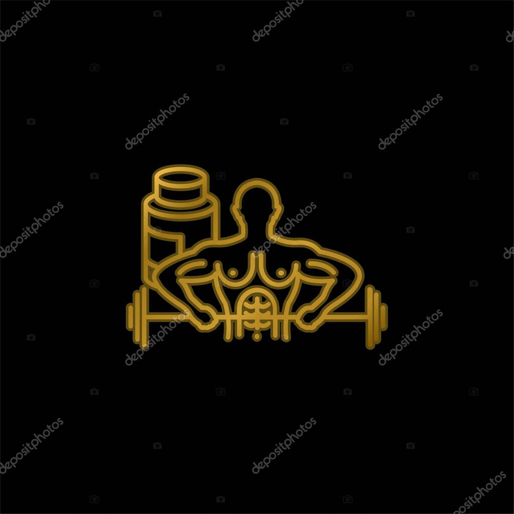 Bodybuilder Carrying Dumbbell gold plated metalic icon or logo vector