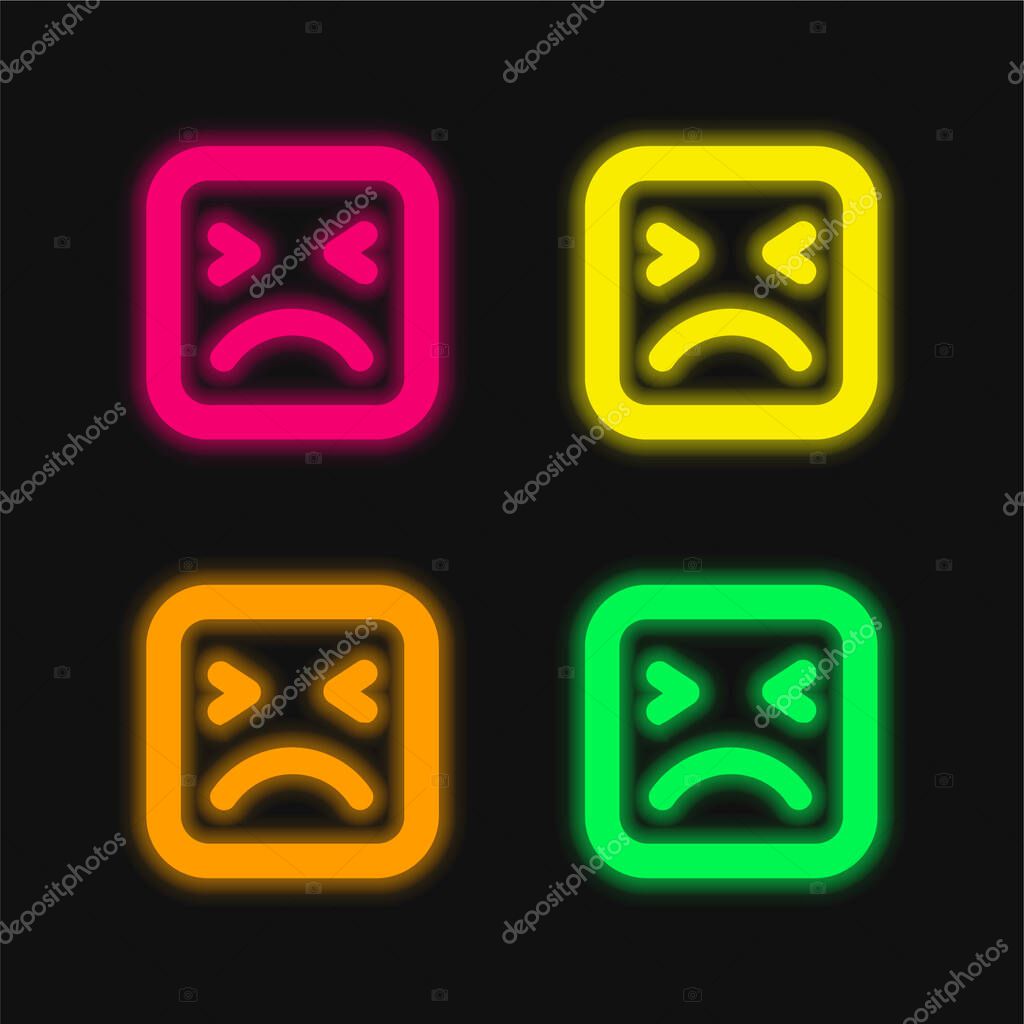 Angry Face Of Square Shape Outline four color glowing neon vector icon