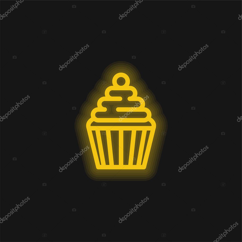 Big Cupcake With Cherry yellow glowing neon icon