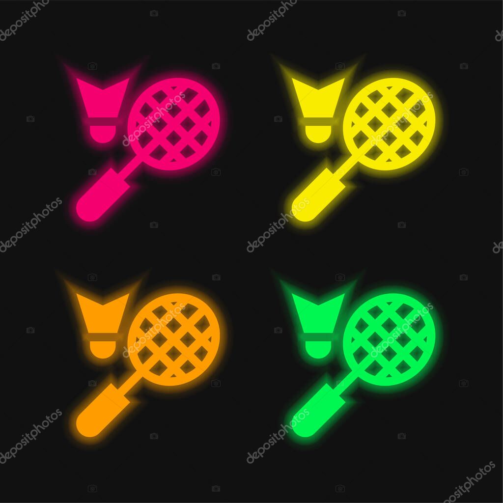 Badminton four color glowing neon vector icon