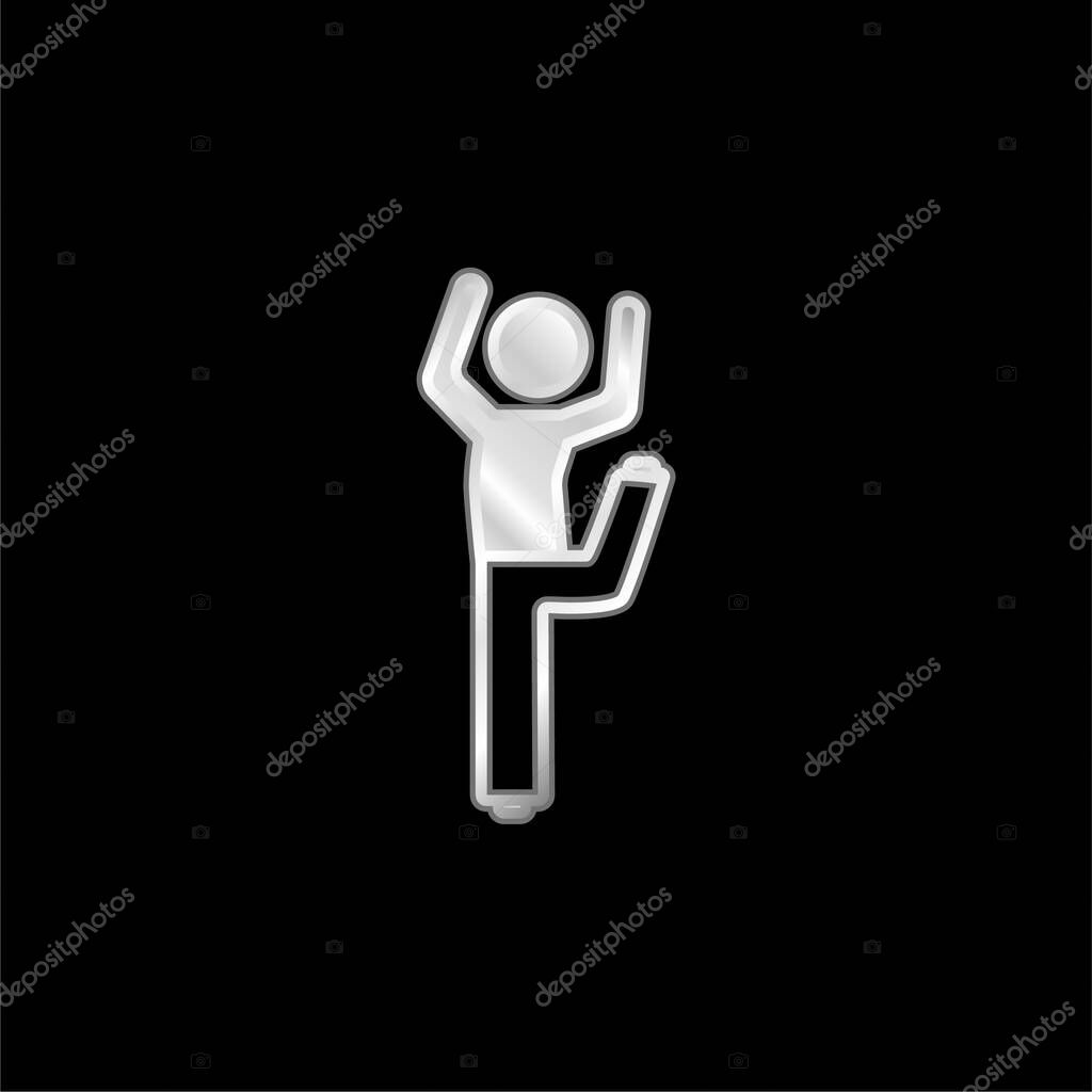 Boy With Bended Leg And Arms Up silver plated metallic icon