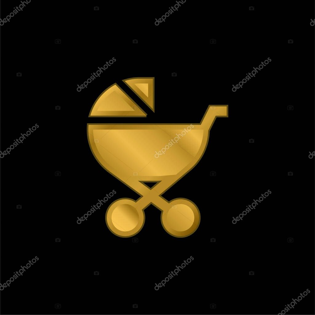 Baby Stroller gold plated metalic icon or logo vector