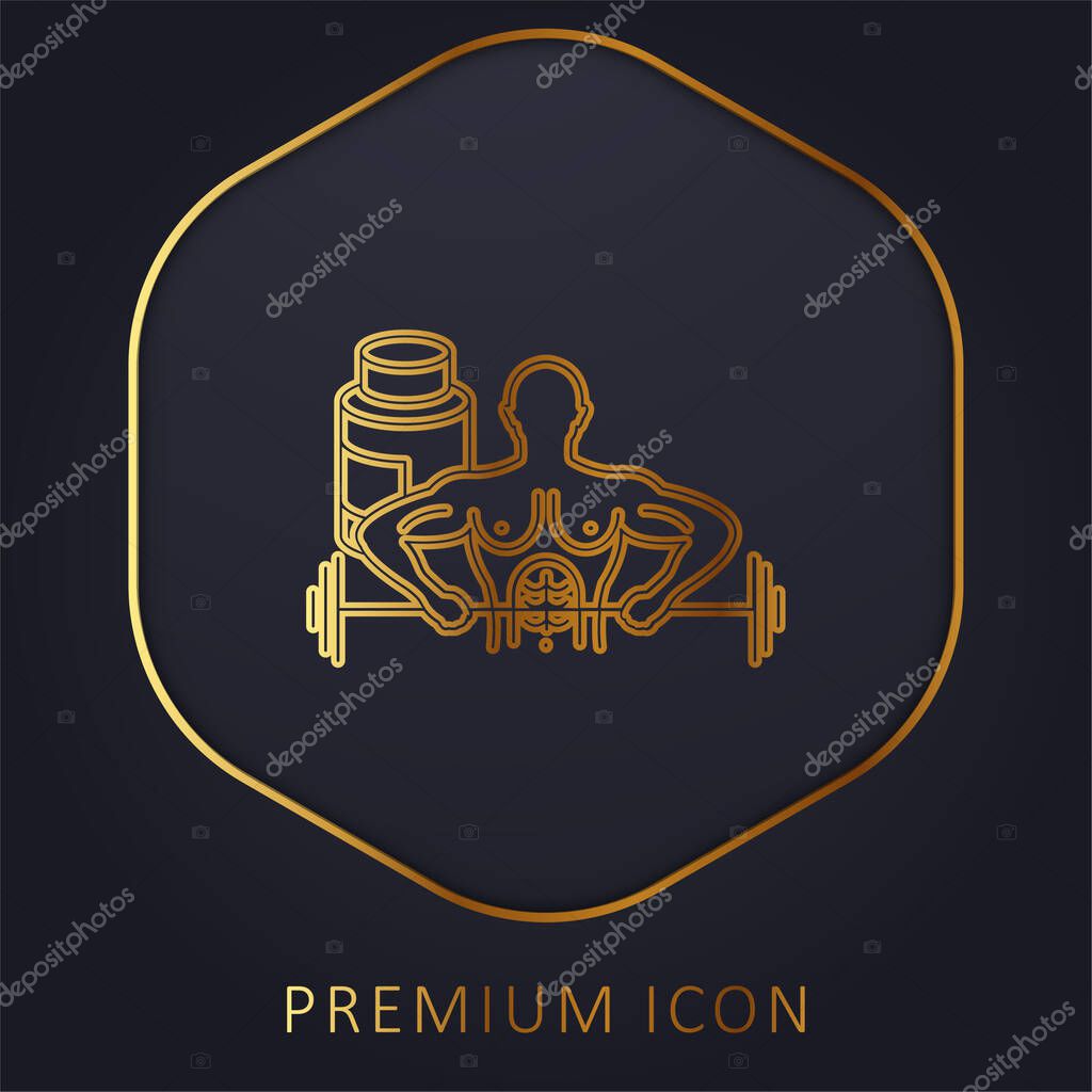 Bodybuilder Carrying Dumbbell golden line premium logo or icon