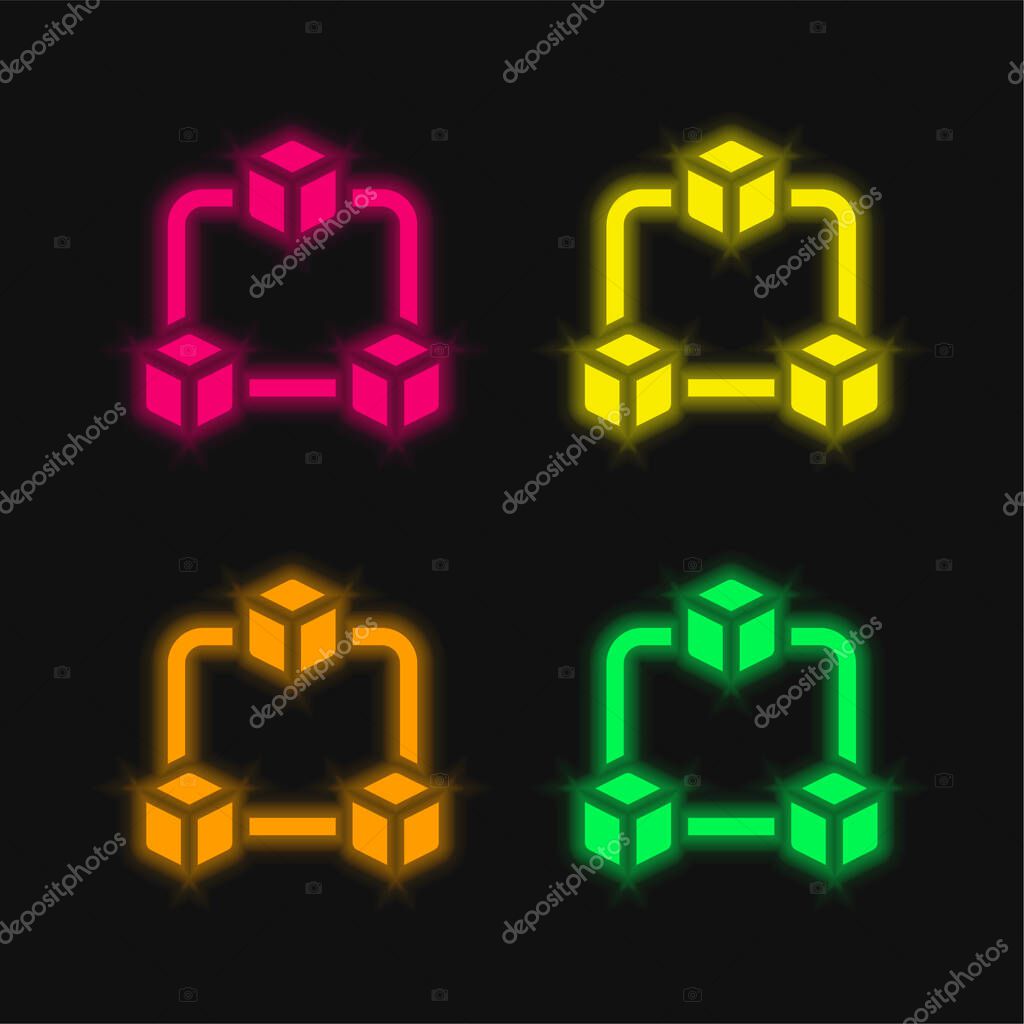 Blockchain four color glowing neon vector icon