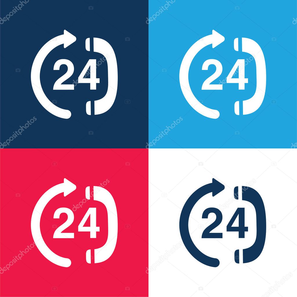 24 Hour Calling Service Center blue and red four color minimal icon set