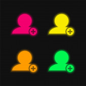 Přidat Lidé Rozhraní Symbol Černé osoby Close Up With Plus Přihlásit se Malý kruh čtyři barvy zářící neonový vektor ikona