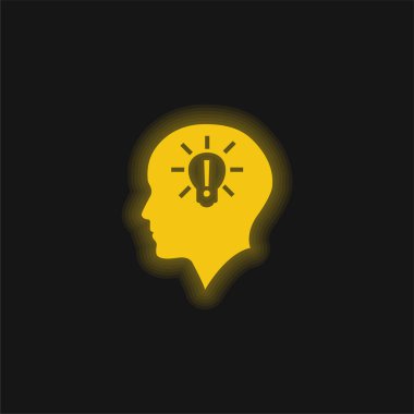 Bald Head With Lightbulb With Exclamation Sign Inside yellow glowing neon icon clipart