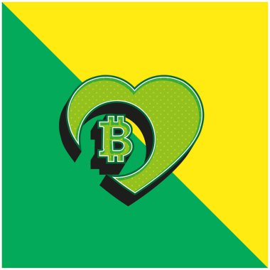 Bitcoin Love Heart Green ve sarı 3d vektör simgesi