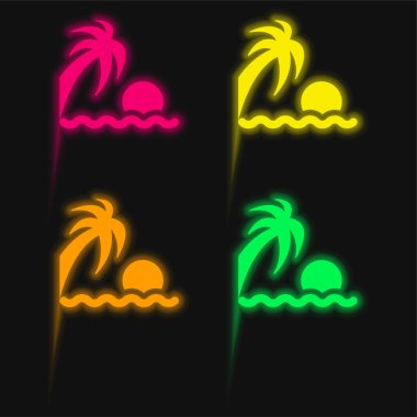 Plaj Günbatımı dört renk parlayan neon vektör simgesi