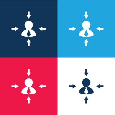 Farklı yönlerdeki oklar iş adamını işaret ediyor mavi ve kırmızı dört renk minimumu simgesi