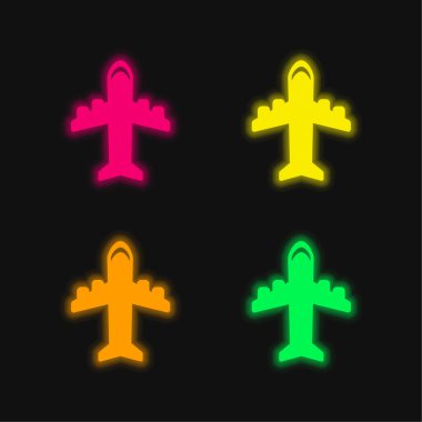 Airplane With Four Engines four color glowing neon vector icon clipart