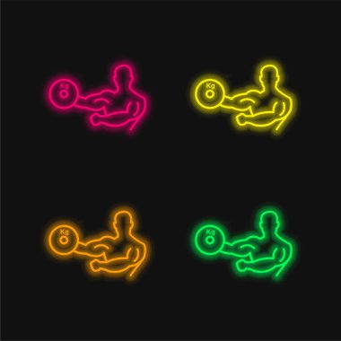 Vücut Geliştirici Bir Elde Ağırlık Taşır Dış Hattı Dört Renkli Parlak neon vektör simgesi