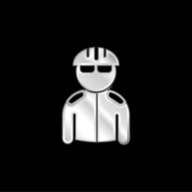 Bicyclist With Helmet And Jacket silver plated metallic icon clipart
