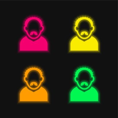 Kısa kıvırcık saçlı ve bıyıklı Yetişkin Adam Avatar. Parlak neon vektör simgesi.