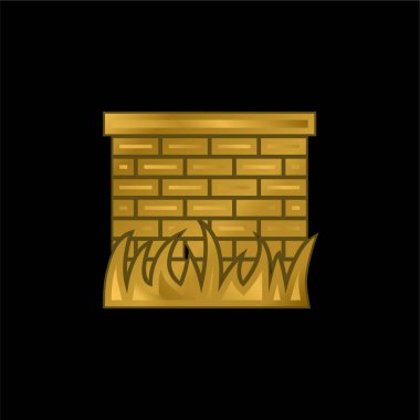 Bricks Wall With Grass Leaves Border gold plated metalic icon or logo vector clipart