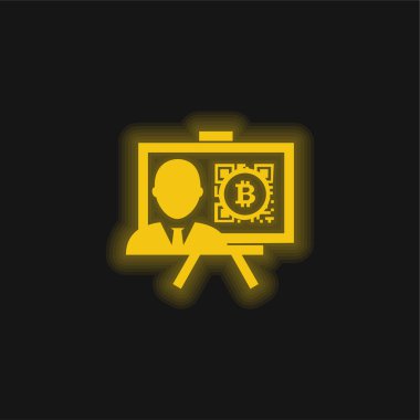 Bitcoin Presentation With Reporter yellow glowing neon icon clipart