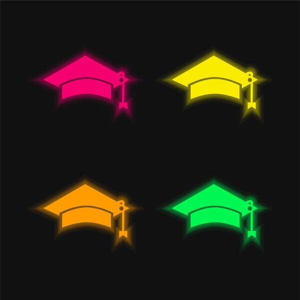 Black Graduation Cap Tool Of University Student For Head four color glowing neon vector icon