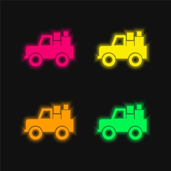 Автомобиль с грузом 4 цвета светящийся неоновый вектор значок