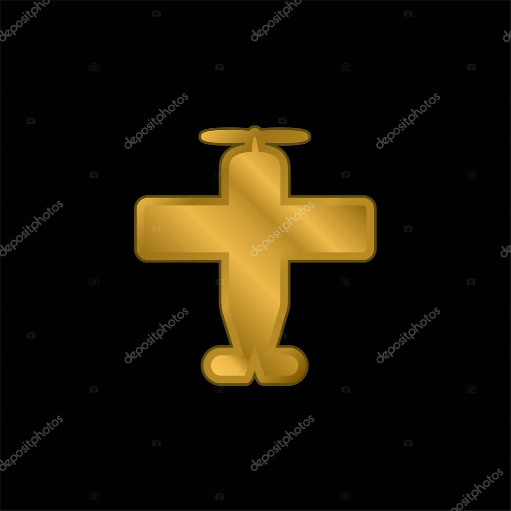 Airplane With One Helix gold plated metalic icon or logo vector