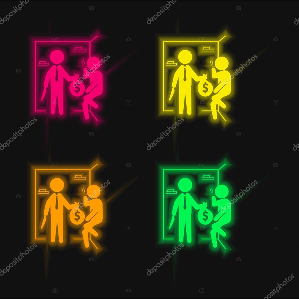 Armed Criminals With Money Bag four color glowing neon vector icon