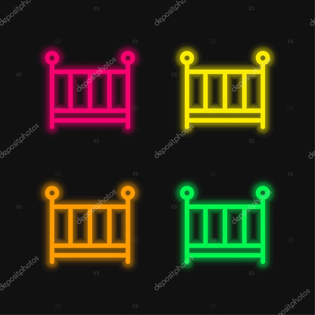 Baby Bed four color glowing neon vector icon