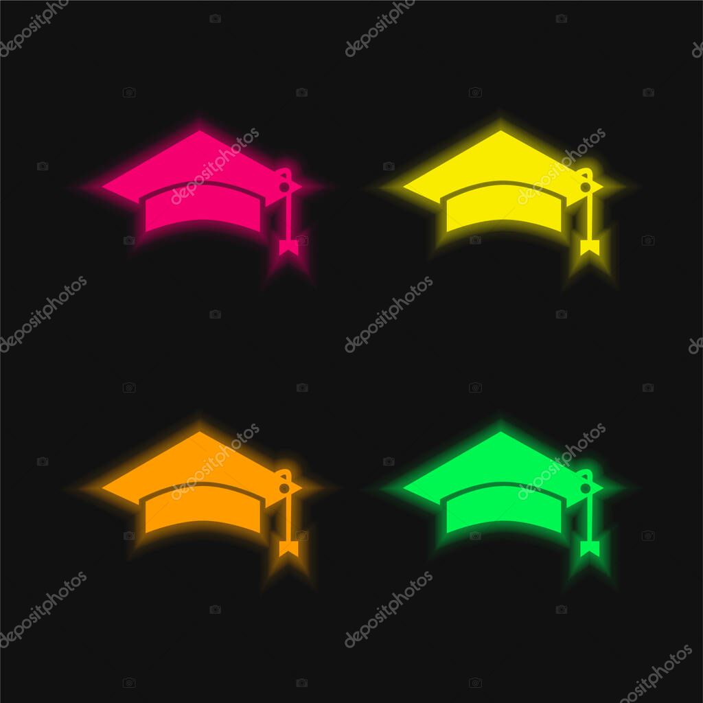 Black Graduation Cap Tool Of University Student For Head four color glowing neon vector icon