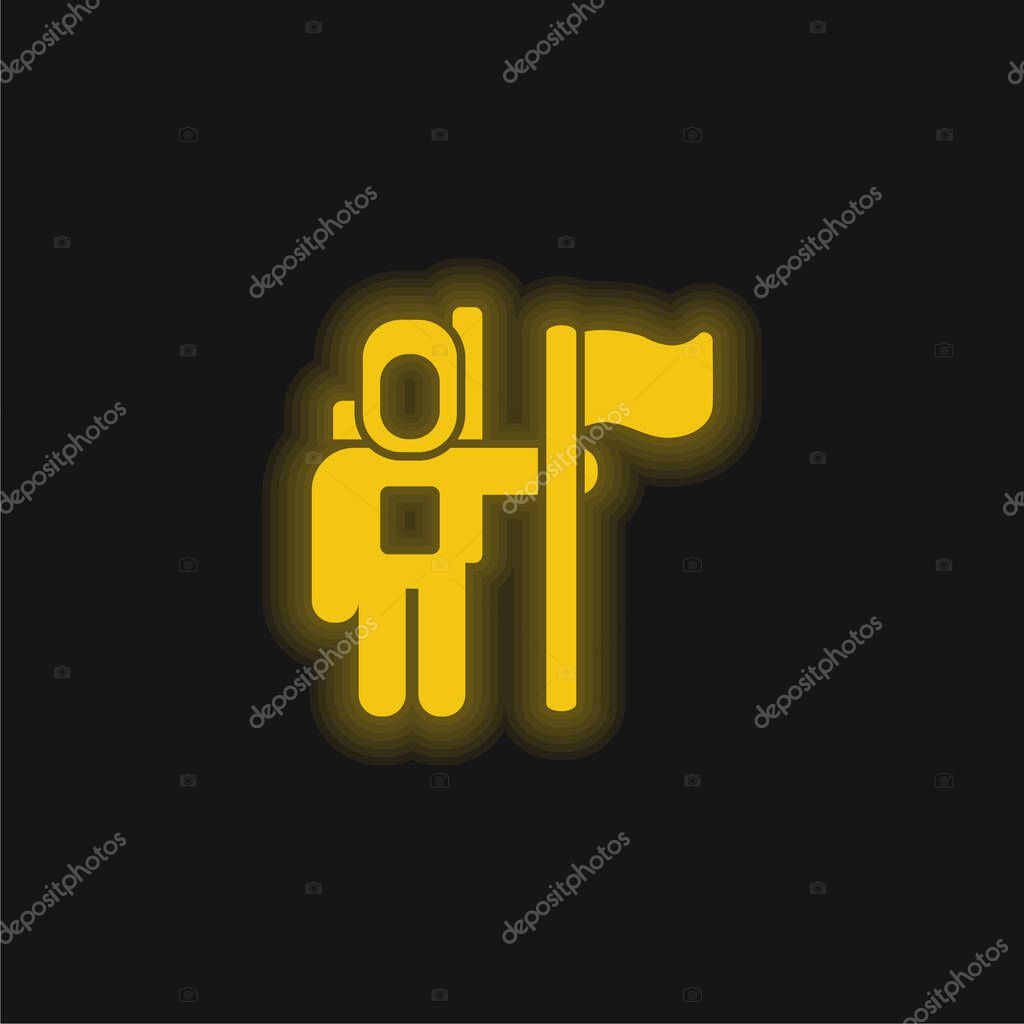 Astronaut Space Traveller With A Flag yellow glowing neon icon