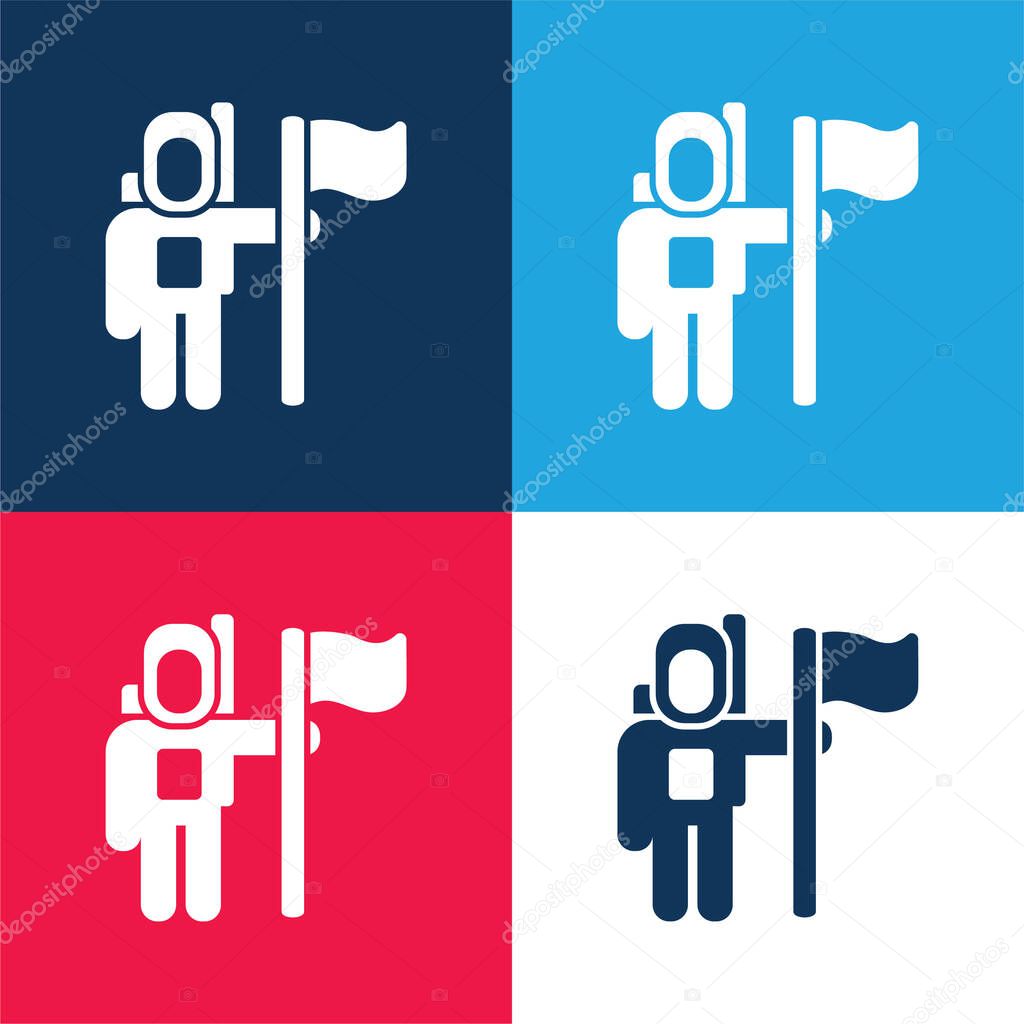 Astronaut Space Traveller With A Flag blue and red four color minimal icon set