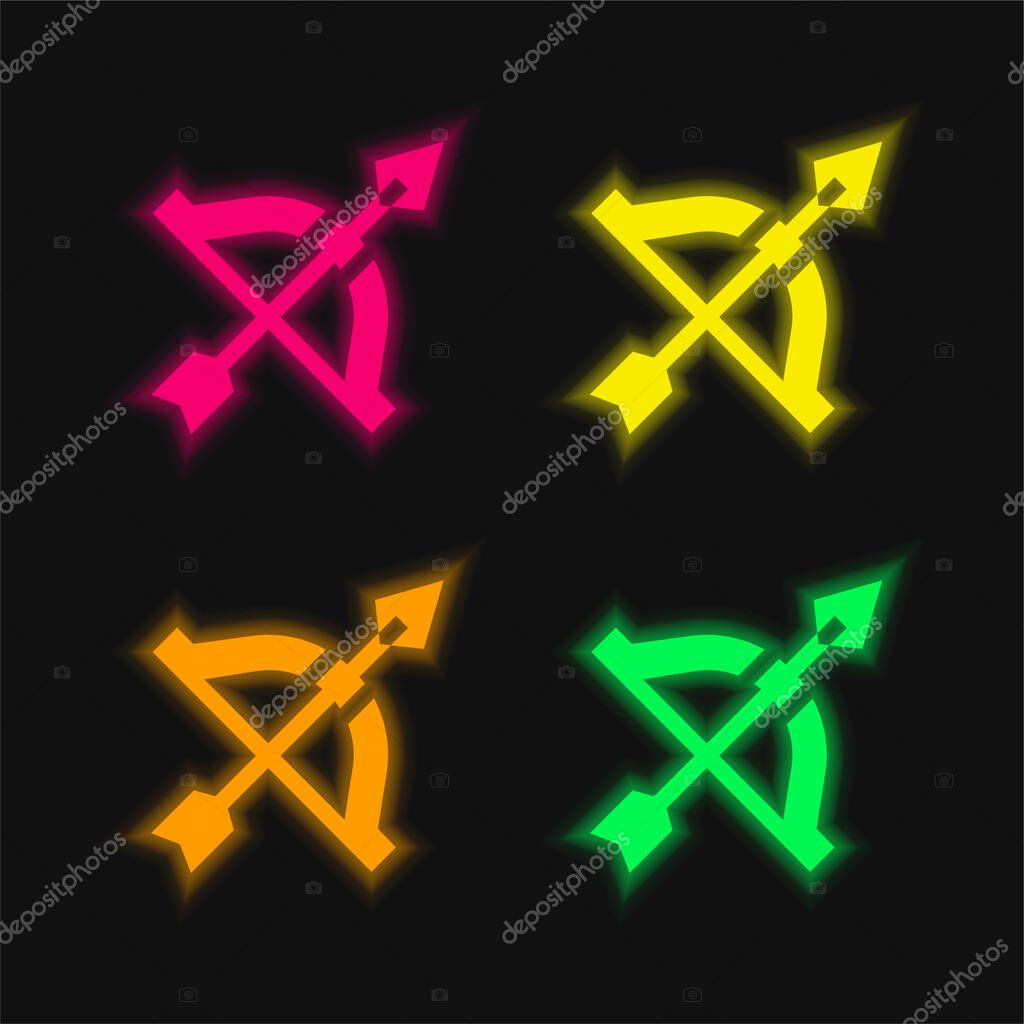 Bow And Arrow four color glowing neon vector icon