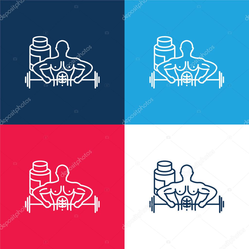 Bodybuilder Carrying Dumbbell blue and red four color minimal icon set