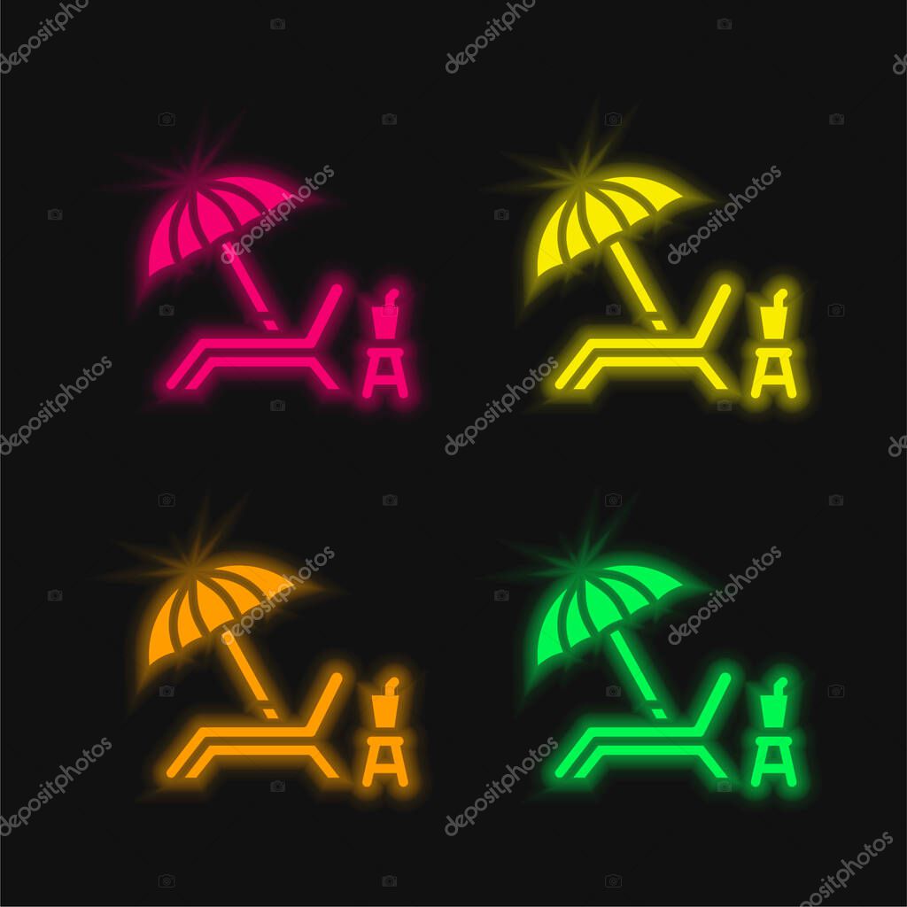 Beach Chair four color glowing neon vector icon
