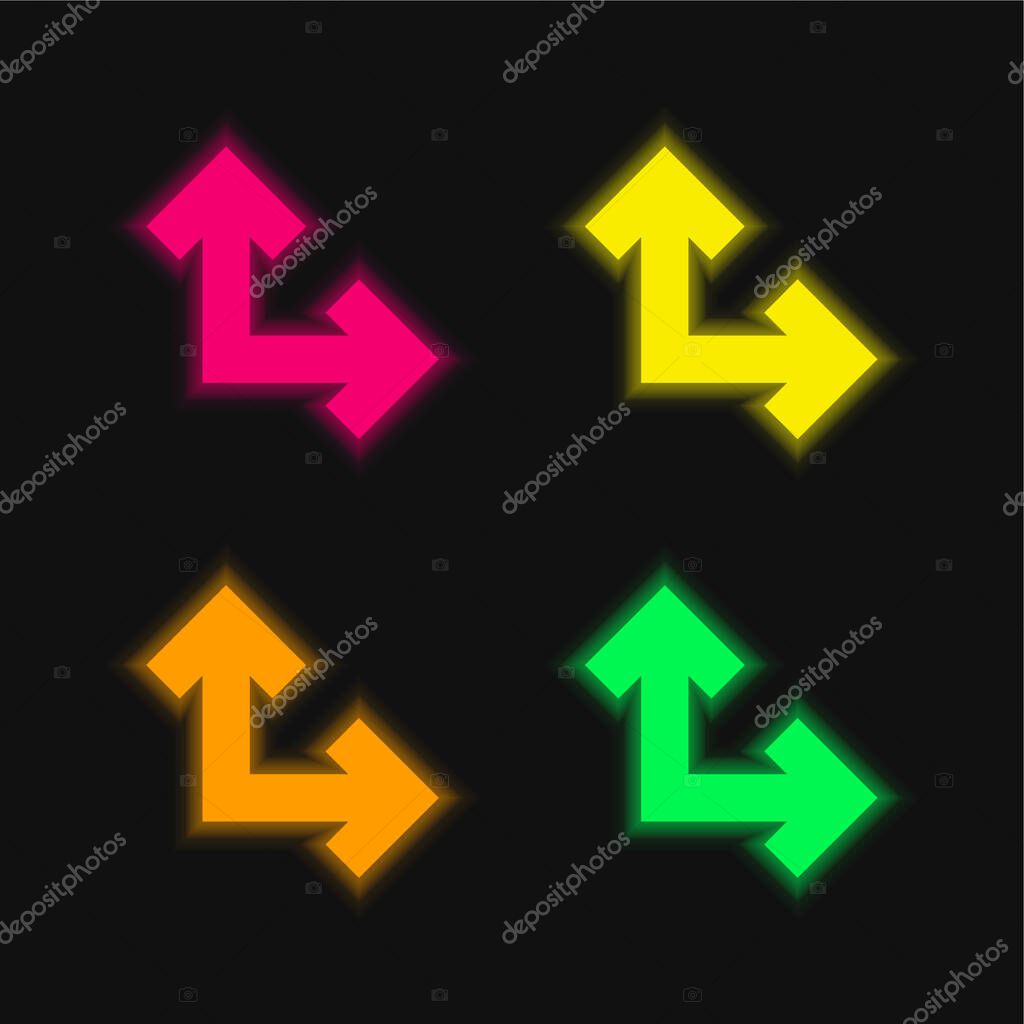 Arrows In Right Angle four color glowing neon vector icon