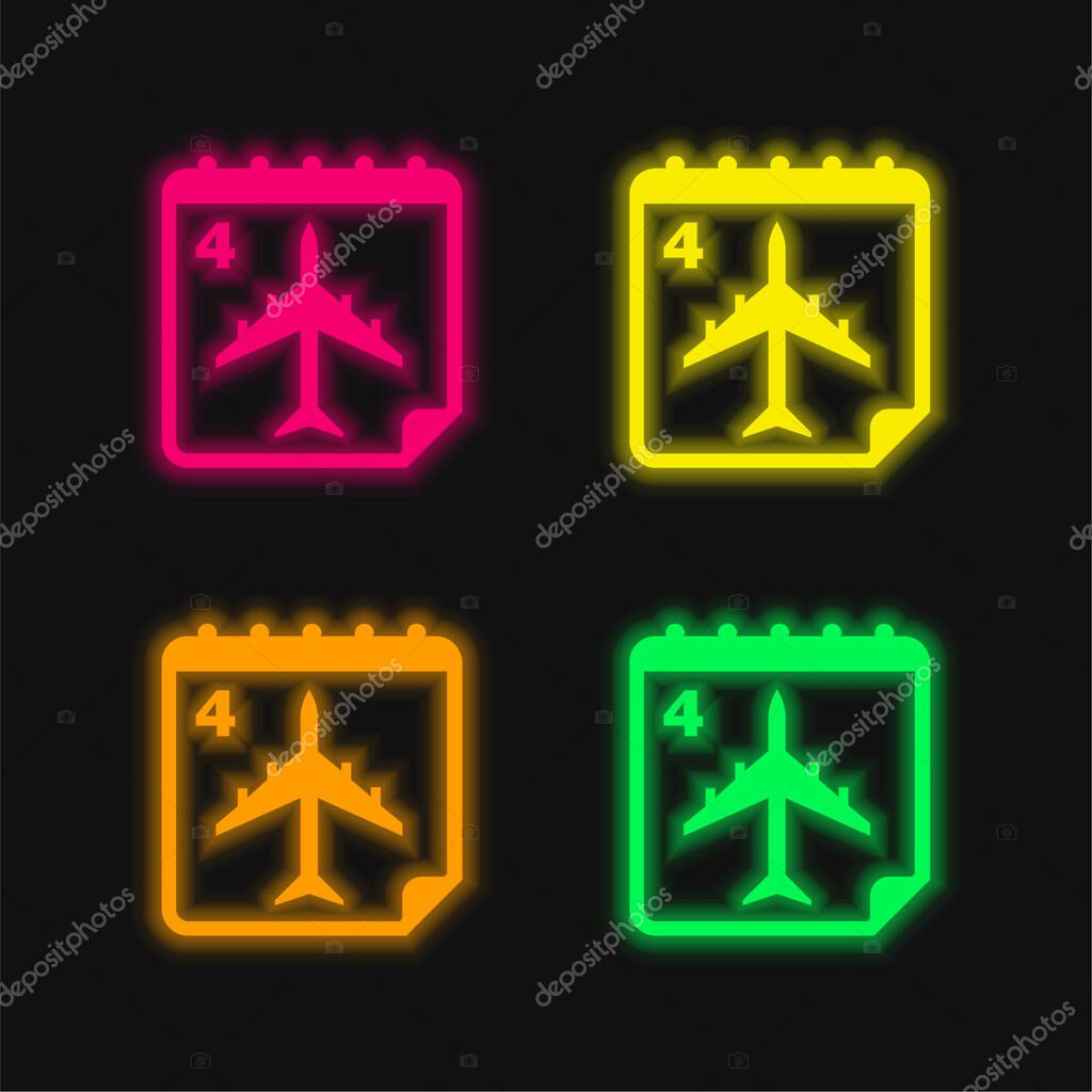 Airplane Travel Day On Page With Number 4 Of A Calendar four color glowing neon vector icon